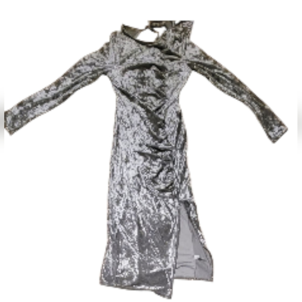 FUTURE COLLECTIVE Velvet Ruched Ling Sleeve Open Back A Line  Dress Size XS